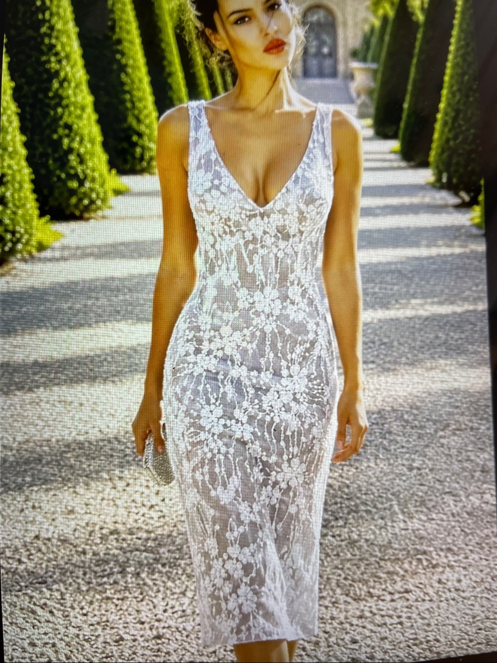 M    NWOT.  GORGEOUS Tan and White Laces & Glitter Midi Dress